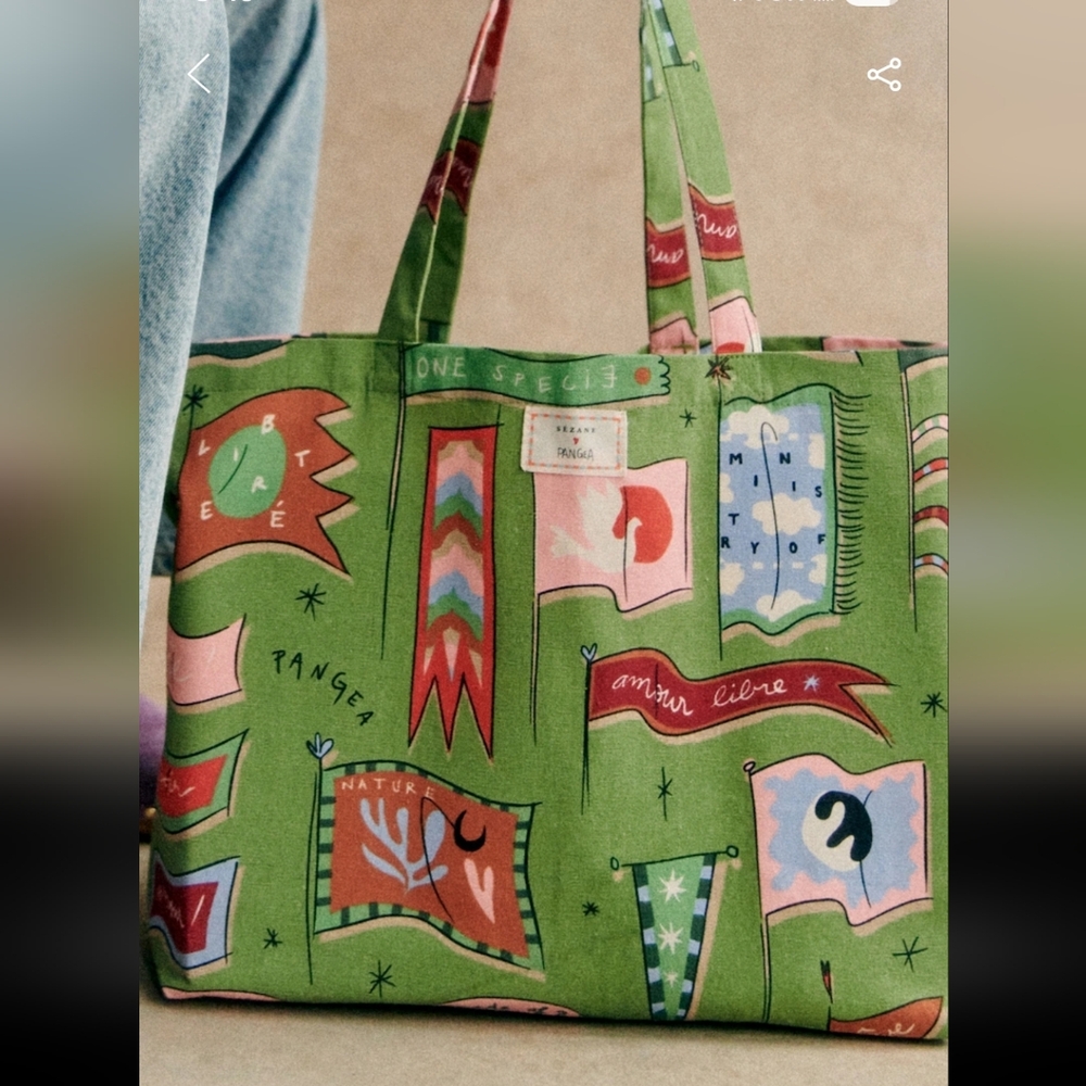 Sézane X Pangea Green Illustrated Tote Bag